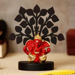ecraftindia Gold Plated Red Dhoti Ganesha Showpiece with Wooden Tree for Home/Temple/Office/Car Dashboard image 1