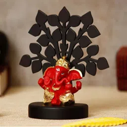 ecraftindia Gold Plated Red Dhoti Ganesha Showpiece with Wooden Tree for Home/Temple/Office/Car Dashboard image 3