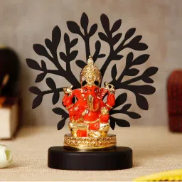 ecraftindia Gold Plated Orange Siddhivinayaka Ganesha Showpiece with Tree for Home/Temple/Office/Car Dashboard image 2
