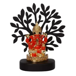 ecraftindia Gold Plated Orange Siddhivinayaka Ganesha Showpiece with Tree for Home/Temple/Office/Car Dashboard image 4
