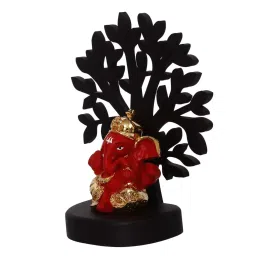 ecraftindia Gold Plated Red Dhoti Ganesha Showpiece with Wooden Tree for Home/Temple/Office/Car Dashboard image 5