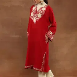 House Of Chikankari Red Wool Regular Fit Embroidered Long Kurta image 4