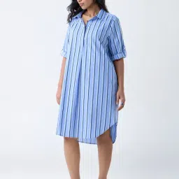Gia by Westside Blue Striped Cotton A-Line Dress-image-2