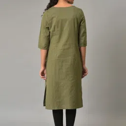 Aurelia Women Green Solid Cotton Blend Kurta image 2