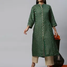 Linen Club Woman Green Linen Printed A Line Kurta image 5