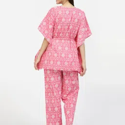 Sweet Dreams Pink Cotton Printed Kaftan Top With Pyjamas image 2