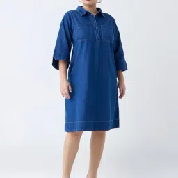 Gia by Westside Blue Solid Denim A-Line Dress-image-10
