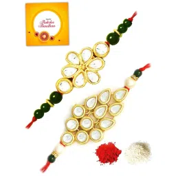 Karatcart Gold-Plated Kundan Rakhi with Roli Chawal & Greeting Card for Brother - Set of 2 image 2