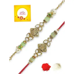 Karatcart Gold-Plated Light Green Beads Kundan Rakhi, Roli & Chawal for Bhai & Bhabi - Set of 2 image 2