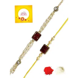 Karatcart Gold-Plated Red Carved Stone Kundan Rakhi, Roli & Chawal for Bhai & Bhabi - Set of 2 image 2