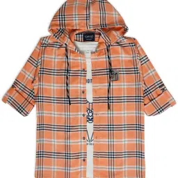 Cavio Kids Orange & White Cotton Chequered Full Sleeves Shirt Set image 2