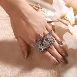 Aatmana Silver-Plated & Red Oxidized Bird Shaped Finger Cocktail Ring image 2