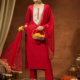 Janasya Women Embroidered Regular Sequinned Kurta with Trousers & With Dupatta-image-3