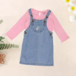 Pantaloons Baby Girls Mid Wash Embroidery Dungaree Set-picture-11