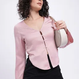 glitchez Playful Plisse Asymmetric Hem Satin Button-Up Top-picture-30