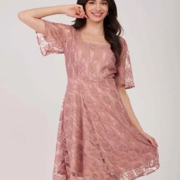 Fablestreet Dusty Pink Self Pattern Skater Dress-picture-30