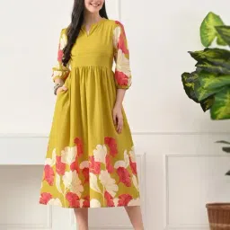 DECKEDUP Mustard Cotton Printed A-Line Dress image 4