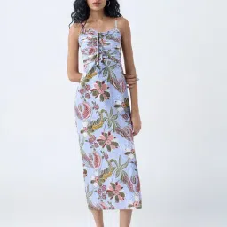 Bombay Paisley by Westside Blue Floral Pattern Cotton A-line Dress-image-5