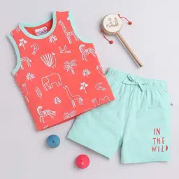 Bumzee Kids Coral & Mint Green Cotton Printed T-Shirt Set-image-13