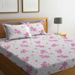Klotthe Floral White & Pink 300 TC Cotton Blend King Bed Sheet with 2 Pillow Covers-picture-18