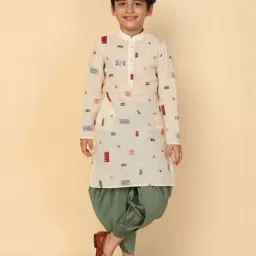 KISAH Kids White & Green Embroidered Full Sleeves Kurta Set-image-32