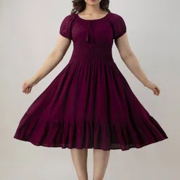 JIYANSH SHOP solid Smocked Puff Sleeve Fit & Flare Midi Dress-picture-10