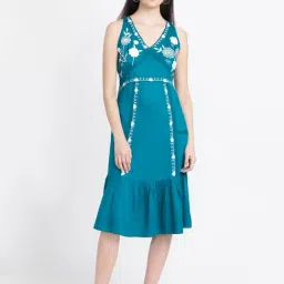 SHAYE Blue Embroidered Fit & Flare Dress-picture-12