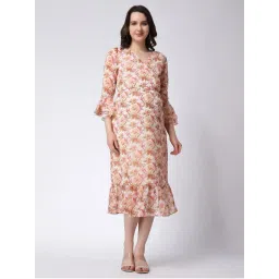 Moms Maternity Womens Georgette Floral Print Light Pink Midi Wrap Dress-image-19