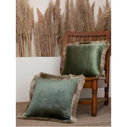 BELIHODE Evergreen Fringed Velvet Cushion Cover (Pack of 2) (16x16 inches)-image-74
