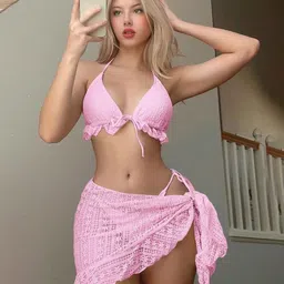 luxzii - a touch of luxury LUXZII Women's 3-Piece Crochet Bikini Set with Halter Ruffle Top and Side Tie Cover-Up Skirt – Sexy Swimsuit Beachwear for Summer, Pool, Vacation image 5