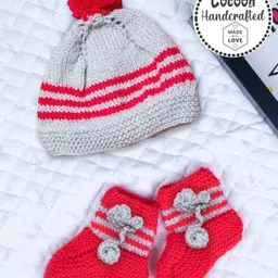 COCOON ORGANICS Handcrafted Soft And Warm Striped Bobble Cap & Socks - Grey & Red-picture-30
