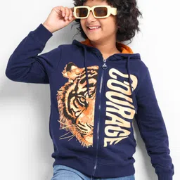 Pine Kids Full Sleeves Hooded Front Open Biowashed Sweatjacket Tiger Print - Navy Blue-image-8
