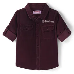 Babyhug Cotton Woven Full Sleeves Corduroy Shirt Text Embroidery - Wine-image-3
