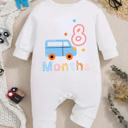 KNITROOT Car Theme Cotton Full Sleeves 8 Months Text Printed Romper - White-picture-11