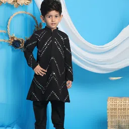 Vastramay Georgette Full Sleeves Mirror Work Detailed & Thread Word Embroidered Kurta & Pyjama Set - Black-picture-23