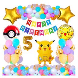 Bubble Trouble Fifth 5th Happy Birthday Decoration Poke Theme Combo Kit Items With Pastel Balloons HB day Papper Banner For Little Kids Theme Birthday Party Decorations Multi Color - Pack of 37-picture-7