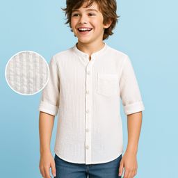 arias by lara dutta Arias 100% Cotton Woven Full Sleeves Seersucker Striped Mandarin Collar Solid Shirt - White-picture-22