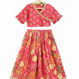 Campana 100% Cotton Woven Half Peasant Sleeves Floral Printed Gota Lace Embellished Lehenga Choli - Pink-picture-18