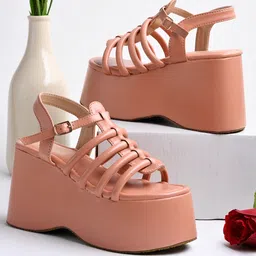 Shoetopia Solid Closure Buckle Gladiator Platforms - Peach-picture-24