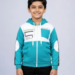 Kiddopanti Fleece Knit Full Sleeves Typography Printed Light Winter Hooded Sweatshirt - Turquoise & White-picture-25