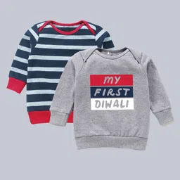Kadam Baby Cotton Diwali Theme Pack Of 2 Full Sleeves My First Diwali Text Printed Light Winter Sweatshirts - Black & Grey-picture-39
