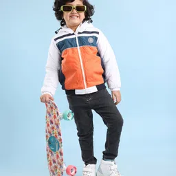 Babyhug Full Sleeves Hoodie With Colour Block Pattern - Blue White & Orange image 2