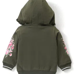 Babyhug Cotton Full Sleeves Front-Open Sweatjacket With Hood Floral Graphics - Olive Green image 2