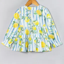 Hugsntugs Cotton Woven Full Sleeves Striped & Lemons Printed Top - White & Yellow image 3