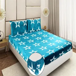 Terryfox Blue & White 350 TC Floral Printed Velvet Bedsheet Set image 2