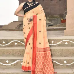 Elora Orange Cotton Printed Saree With Unstitched Blouse-image-11