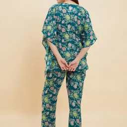Sweet Dreams Green Cotton Floral Print Kaftan Pyjama Set image 2