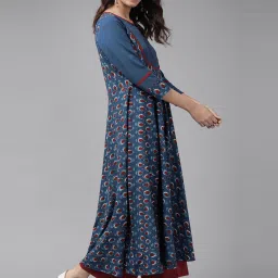 YASH GALLERY Blue Cotton Printed A Line Kurta image 3