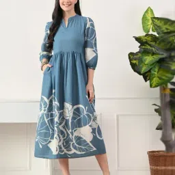DECKEDUP Blue Cotton Printed A-Line Dress-picture-32