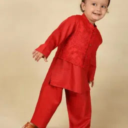 Fabindia Kids Red Printed Kurta Pyjama Set-image-37